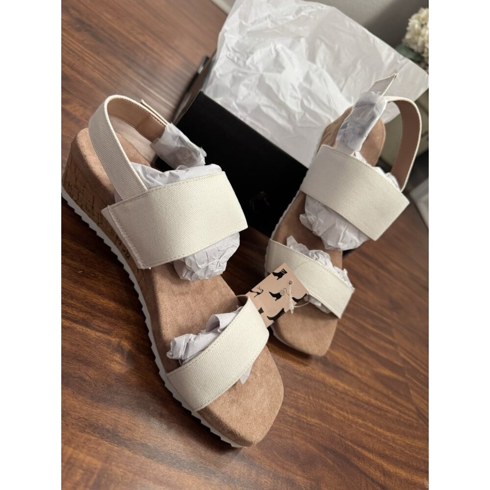 MySoft Women's Cork Wedge Sandals 2" Low Heel Open Toe Ankle Strap Size 7 White